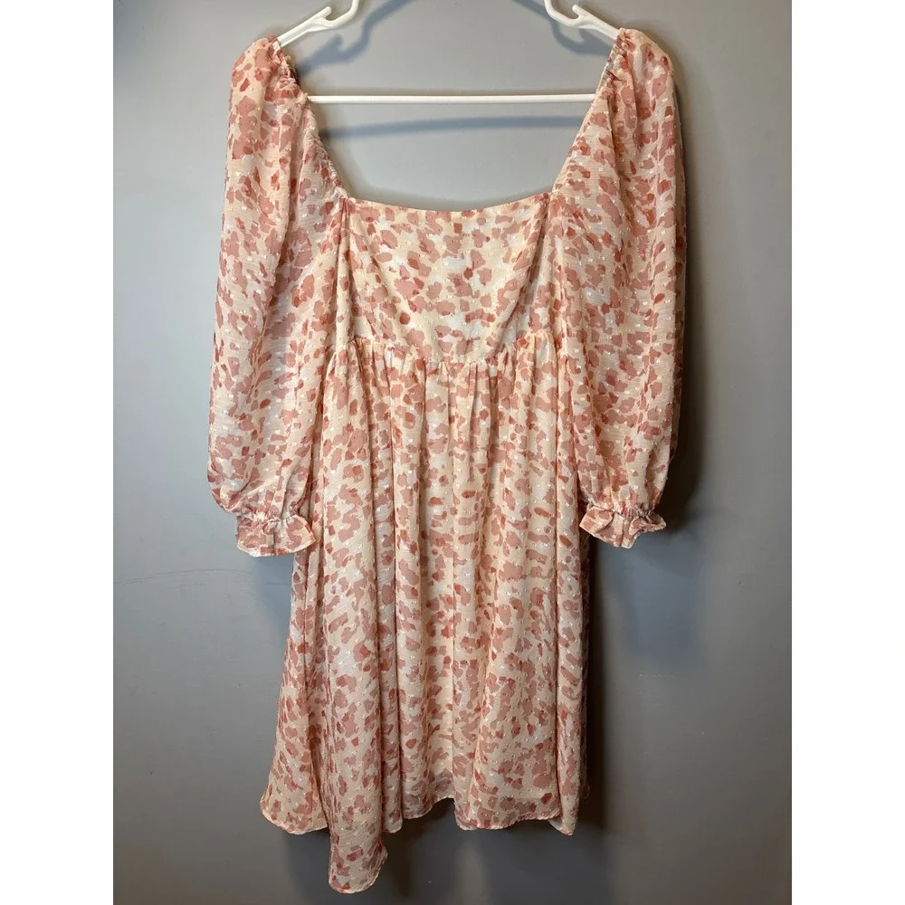 Storia Pink Abstract Print Puff Sleeve Mini Dress‎ Square Neck Clip Dot Small